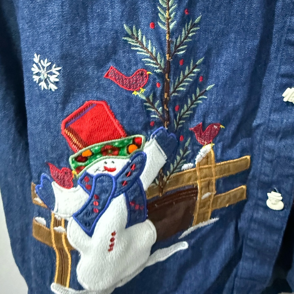 VTG 90s Tantrums Christmas Snowmen Embroidered Denim Flannel Button Down XL T - Picture 7 of 9
